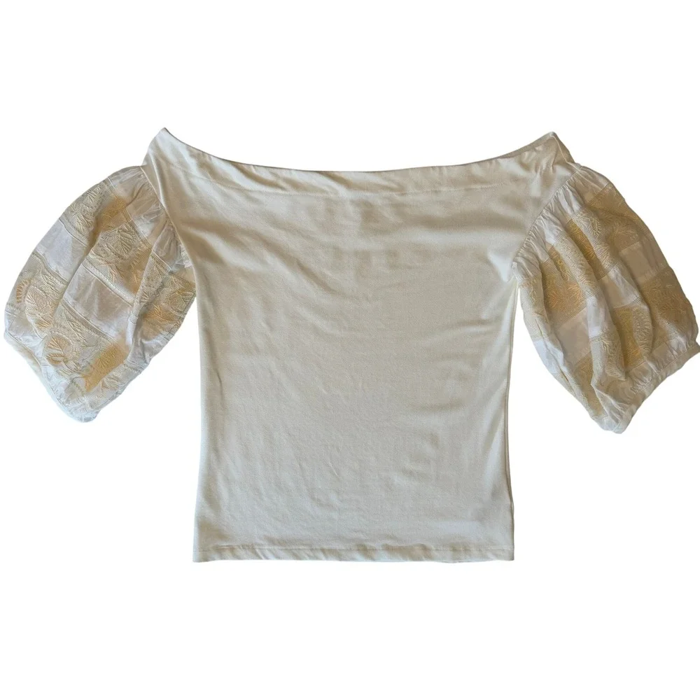 Free People Rock with It Top‎ Off Shoulder Medium Embroidered Puff Sleeves Ivory